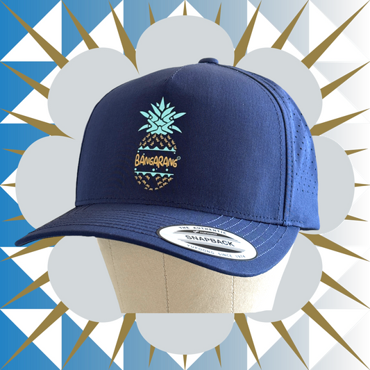 Navy blue cap with pineapple design on a decorative background